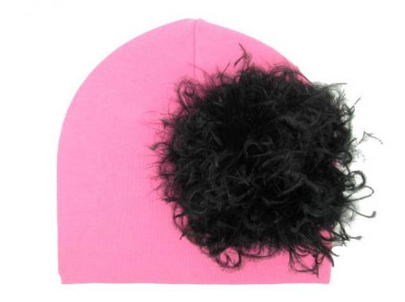 Candy Pink Cotton Hat with Black Large Curly Marabou