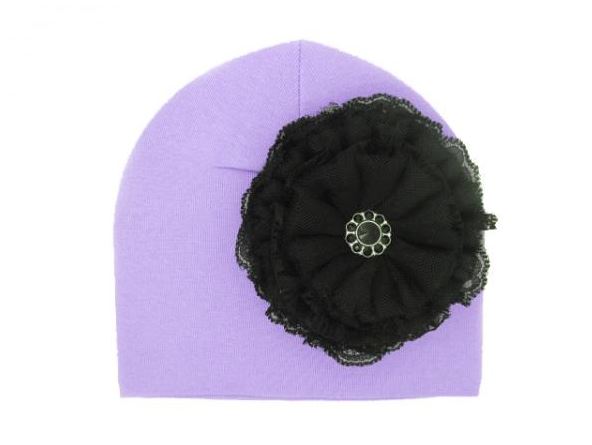 Lavender Cotton Hat with Black Lace Rose