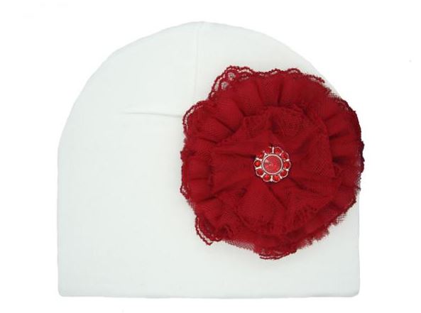 White Cotton Hat with Red Lace Rose