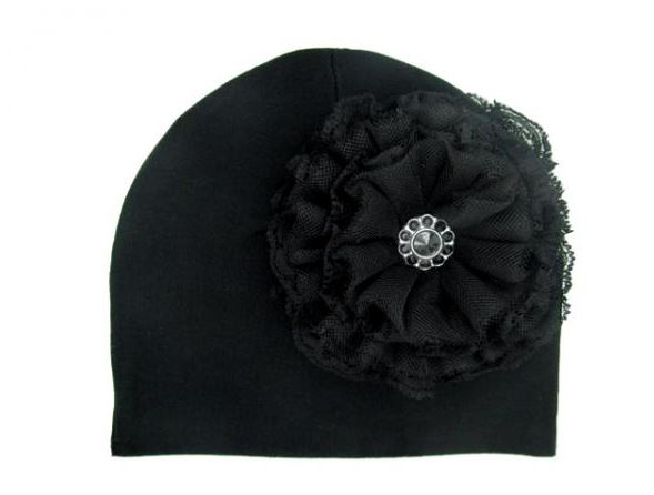 Black Cotton Hat with Black Lace Rose