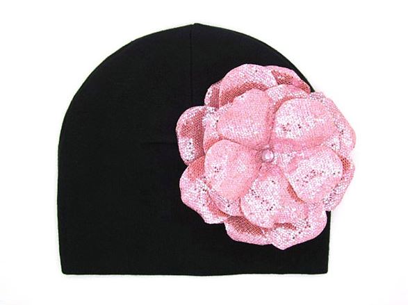 Black Cotton Hat with Sequins Pale Pink Rose