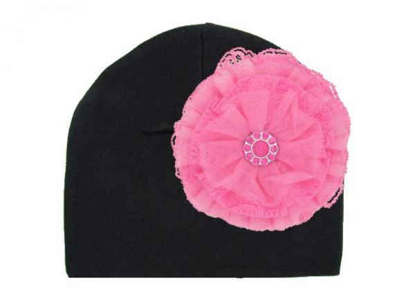 Black Cotton Hat with Candy Pink Lace Rose