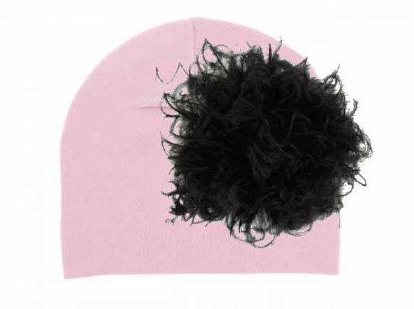 Pale Pink Cotton Hat with Black Large Curly Marabou