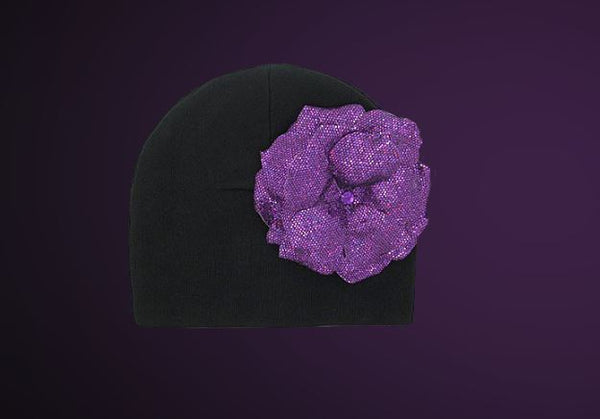 Black Cotton Hat with Sequins Purple Rose