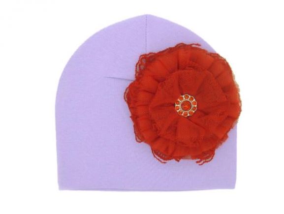 Lavender Cotton Hat with Red Lace Rose