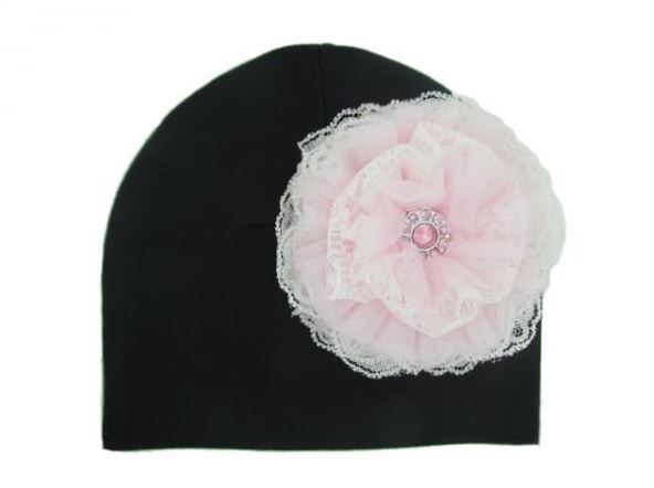 Black Cotton Hat with Pale Pink Lace Rose