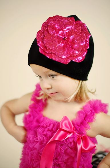 Black Cotton Hat with Sequins Raspberry Rose
