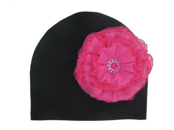 Black Cotton Hat with Raspberry Lace Rose