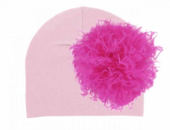 Pale Pink Cotton Hat with Hot Pink Large Curly Marabou