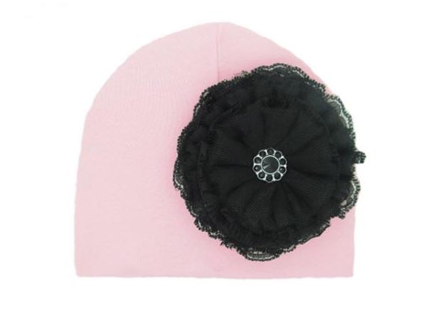 Pale Pink Cotton Hat with Black Lace Rose