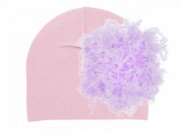 Pale Pink Cotton Hat with Lavender Large Curly Marabou