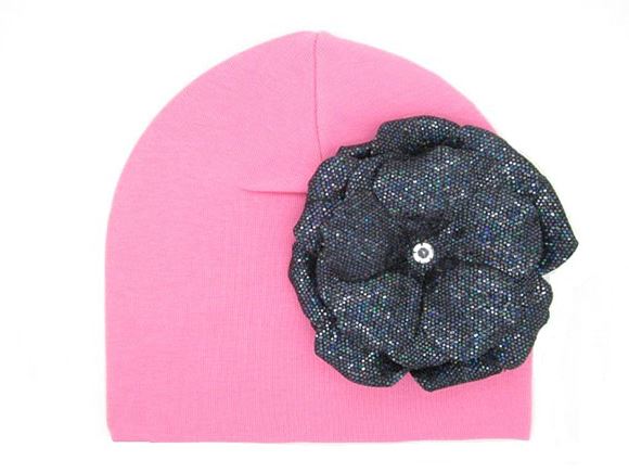Candy Pink Cotton Hat with Sequins Black Rose