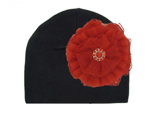 Black Cotton Hat with Red Lace Rose