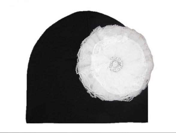 Black Cotton Hat with White Lace Rose
