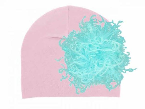 Pale Pink Cotton Hat with Teal Large Curly Marabou