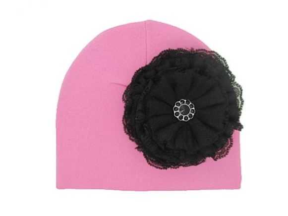 Candy Pink Cotton Hat with Black Lace Rose