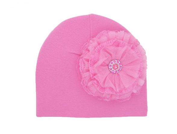 Candy Pink Cotton Hat with Candy Pink Lace Rose
