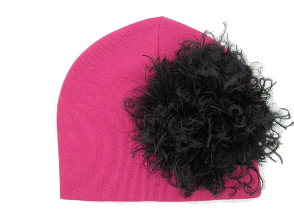 Raspberry Cotton Hat with Black Large Curly Marabou