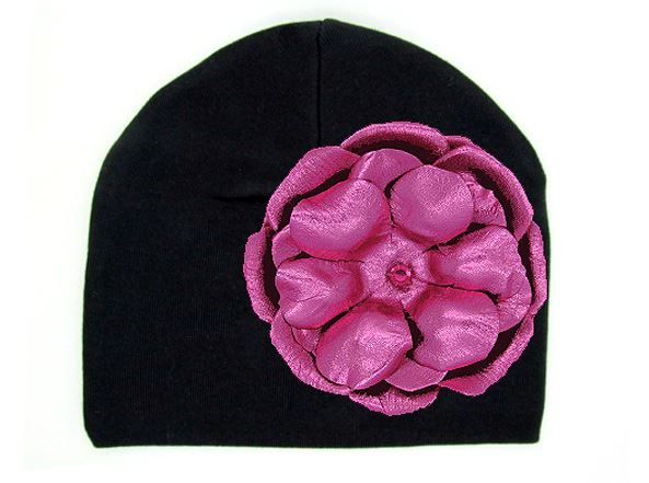 Black Cotton Hat with Metallic Raspberry Rose
