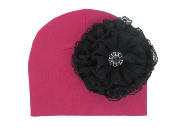Raspberry Cotton Hat with Black Lace Rose