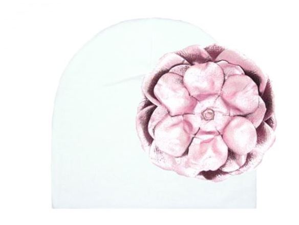 White Cotton Hat with Metallic Pale Pink Rose
