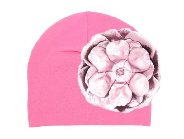 Candy Pink Cotton Hat with Metallic Pale Pink Rose