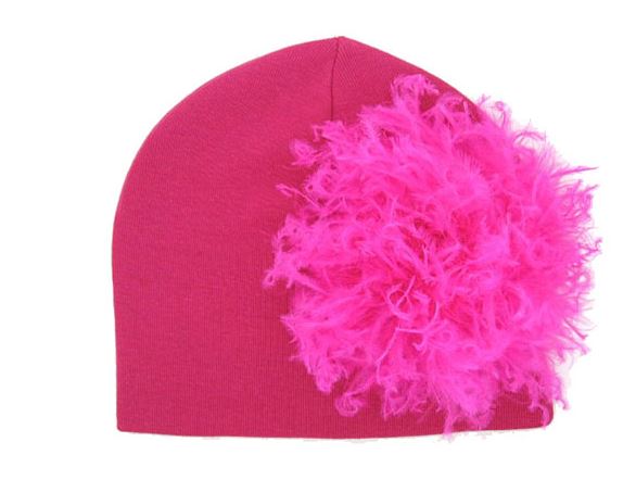 Raspberry Cotton Hat with Hot Pink Large Curly Marabou