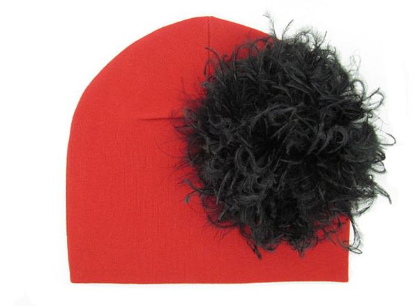 Red Cotton Hat with Black Large Curly Marabou