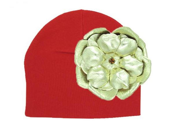 Red Cotton Hat with Metallic Gold Rose