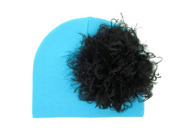 Teal Cotton Hat with Black Large Curly Marabou
