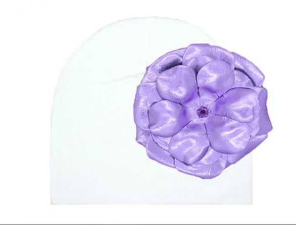 White Cotton Hat with Metallic Purple Rose