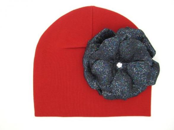 Red Cotton Hat with Sequins Black Rose