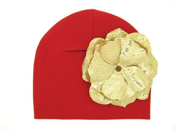 Red Cotton Hat with Sequins Gold Rose