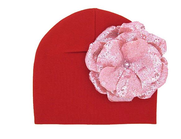 Red Cotton Hat with Sequins Pale Pink Rose