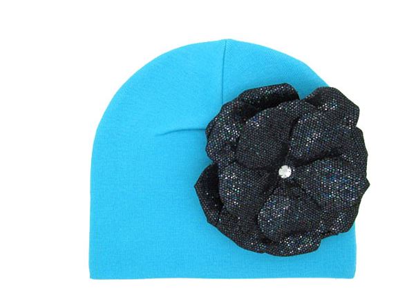 Teal Cotton Hat with Sequins Black Rose
