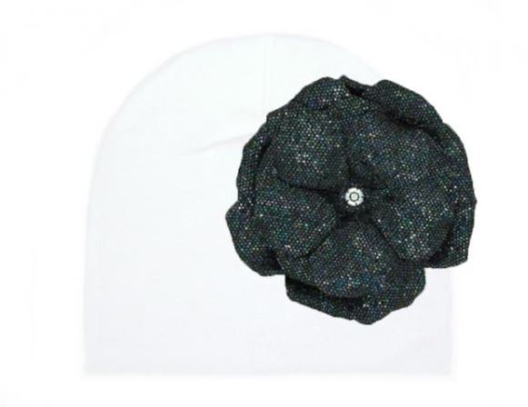 White Cotton Hat with Sequins Black Rose