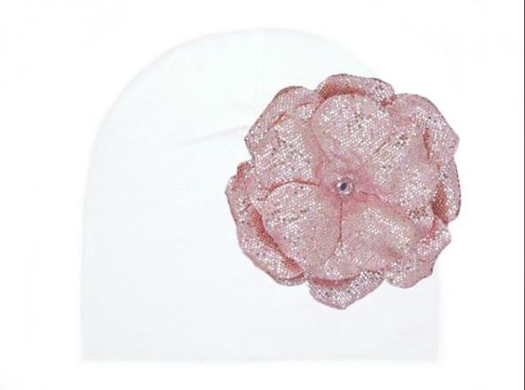 White Cotton Hat with Sequins Pale Pink Rose