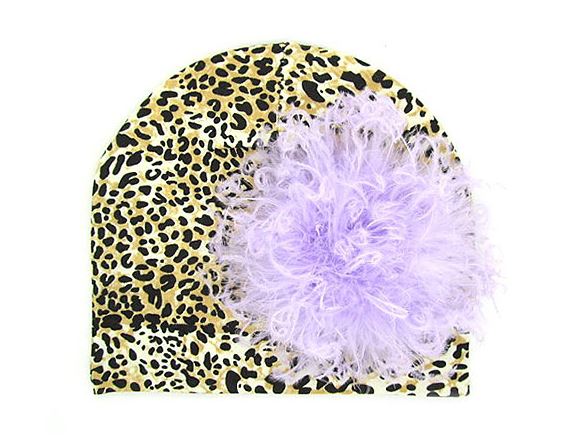 Leopard Print Hat with Lavender Large Curly Marabou