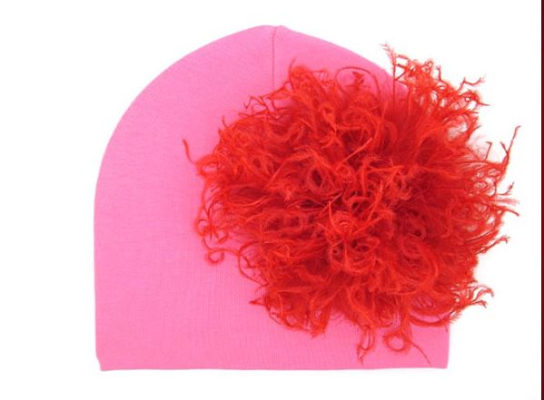 Candy Pink Cotton Hat with Red Large Curly Marabou