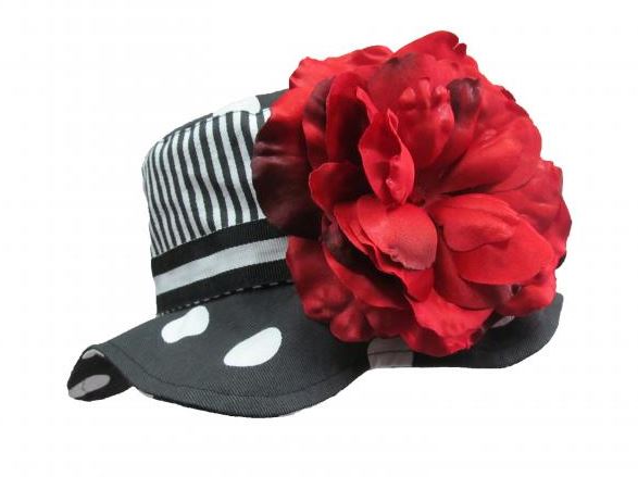 Black White Dot Sun Hat with Red Large Rose