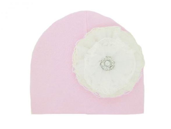 Pale Pink Cotton Hat with White Lace Rose
