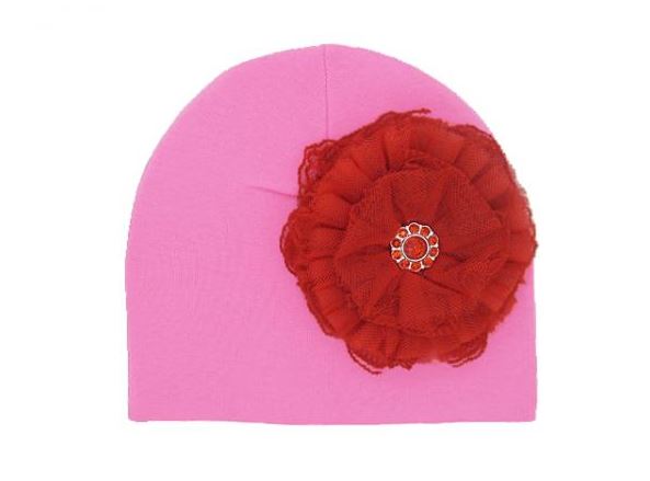 Candy Pink Cotton Hat with Raspberry Lace Rose