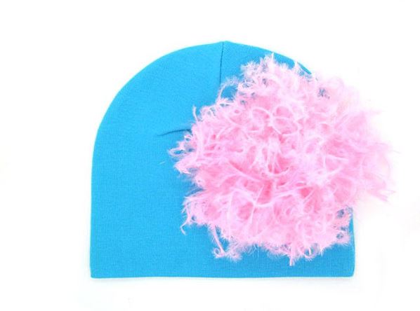 Teal Cotton Hat with Candy Pink Large Curly Marabou