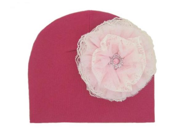 Raspberry Cotton Hat with Pale Pink Lace Rose
