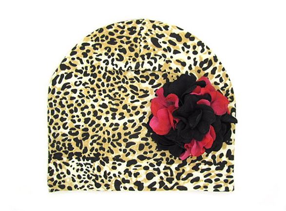 Leopard Print Hat with Black Raspberry Large Geraniums