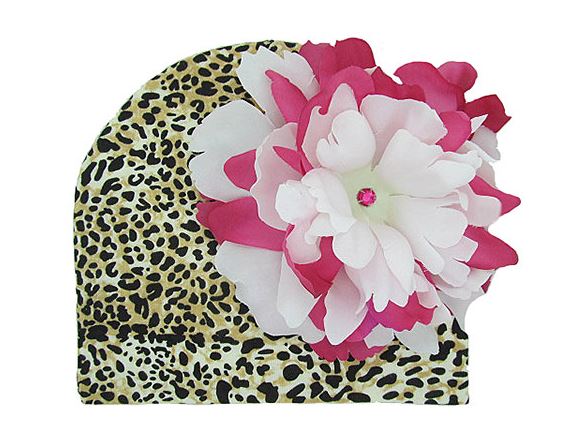 Leopard Print Hat with White Raspberry Large Peony