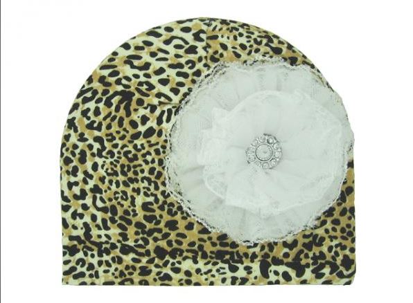Leopard Print Hat with White Lace Rose