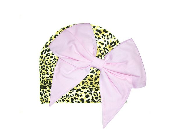 Tan Black Print Hat with Pale Pink Bow-Rae-Mi