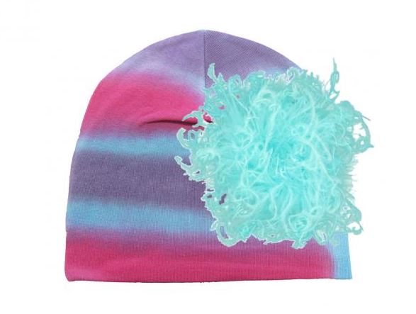 Blue Pink Purple Tie Dye Hat with Teal Large Curly Marabou
