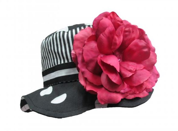 Black White Dot Sun Hat with Raspberry Large Rose